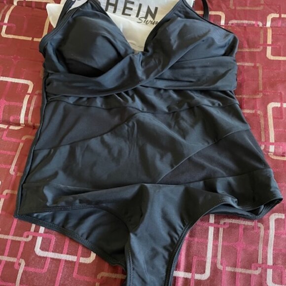 SHEIN  Beach Contrast Mesh Wrap Cross Wrap Cross Black One Piece Swimsuit S L - Picture 1 of 8